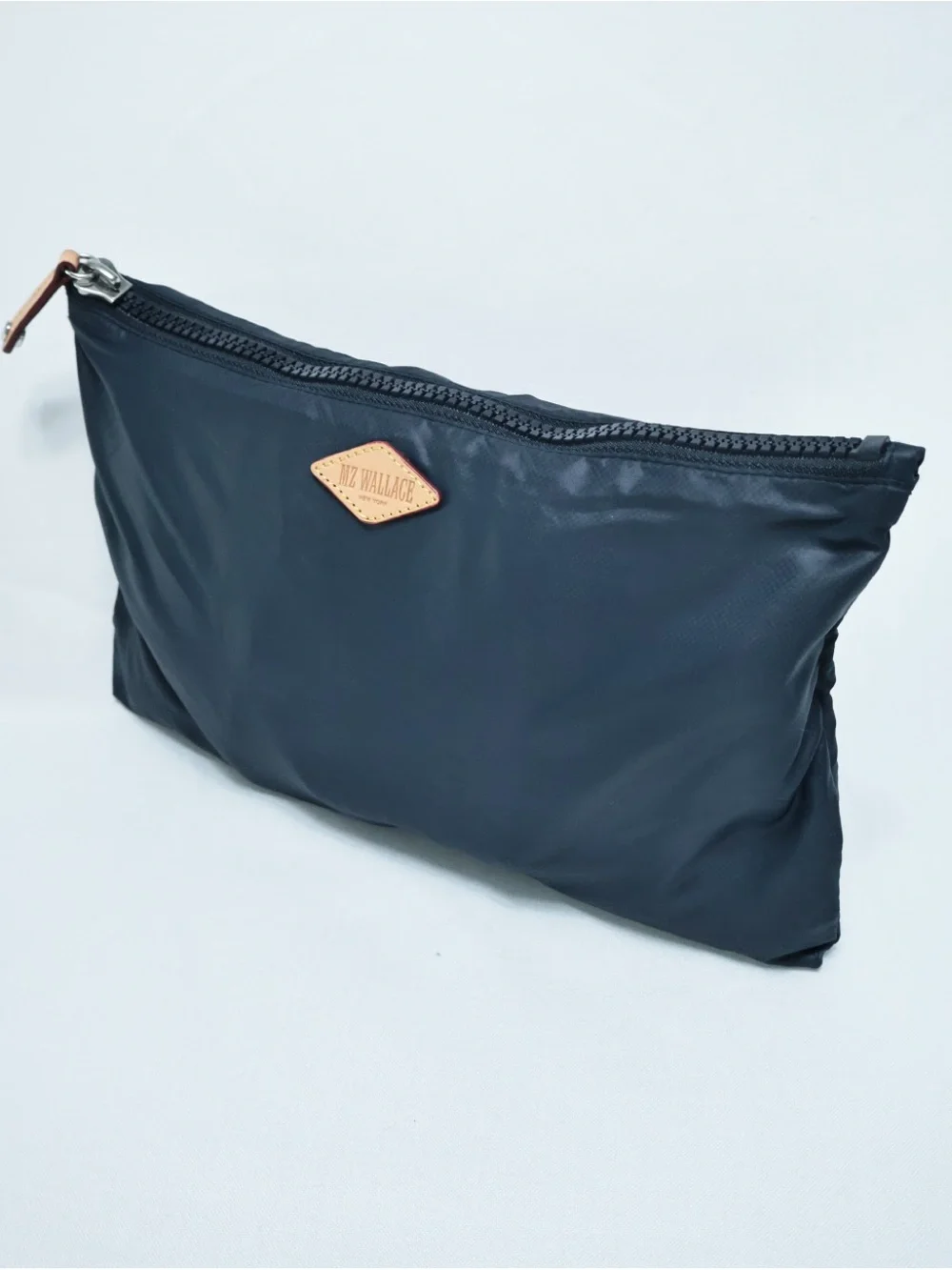 MZ Wallace Navy Blue Nylon Cosmetic Pouch with Tan Leather Accent